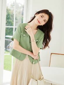 Plaid Pattern Flap Detail Button Front Cardigan - Green - View 3