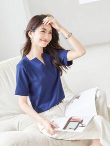 Solid Notched Neck Blouse - Blue - View 4