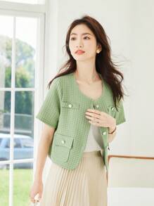 Plaid Pattern Flap Detail Button Front Cardigan - Green - View 4