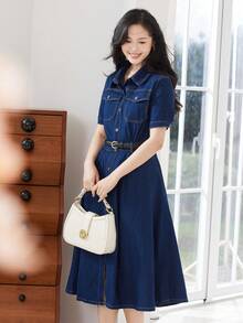 女士短袖襯衫連衣裙,附口袋,中長款（不含腰帶）