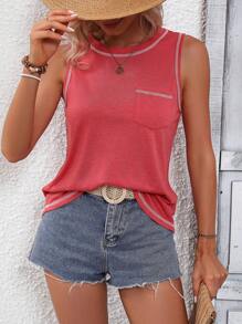 SHEIN LUNE Contrast Binding Pocket Patched Tank Top - Rusty Rose - View 1