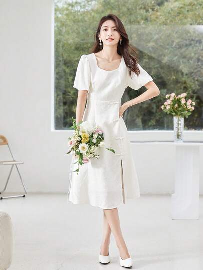 Solid Split Thigh Dress