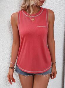 SHEIN LUNE Contrast Binding Pocket Patched Tank Top - Rusty Rose - View 5