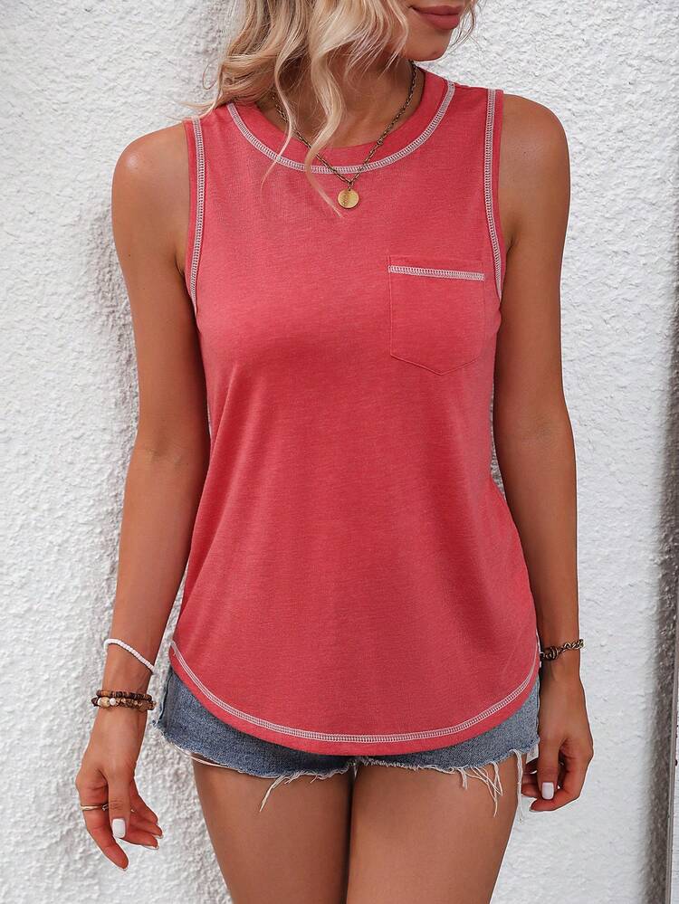 SHEIN LUNE Top tank unido en contraste con parche de bolsillo - Rosa Oxidada - Añade 5