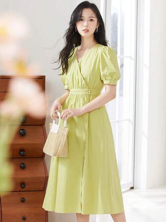 Solid Puff Sleeve Wrap Hem Dress