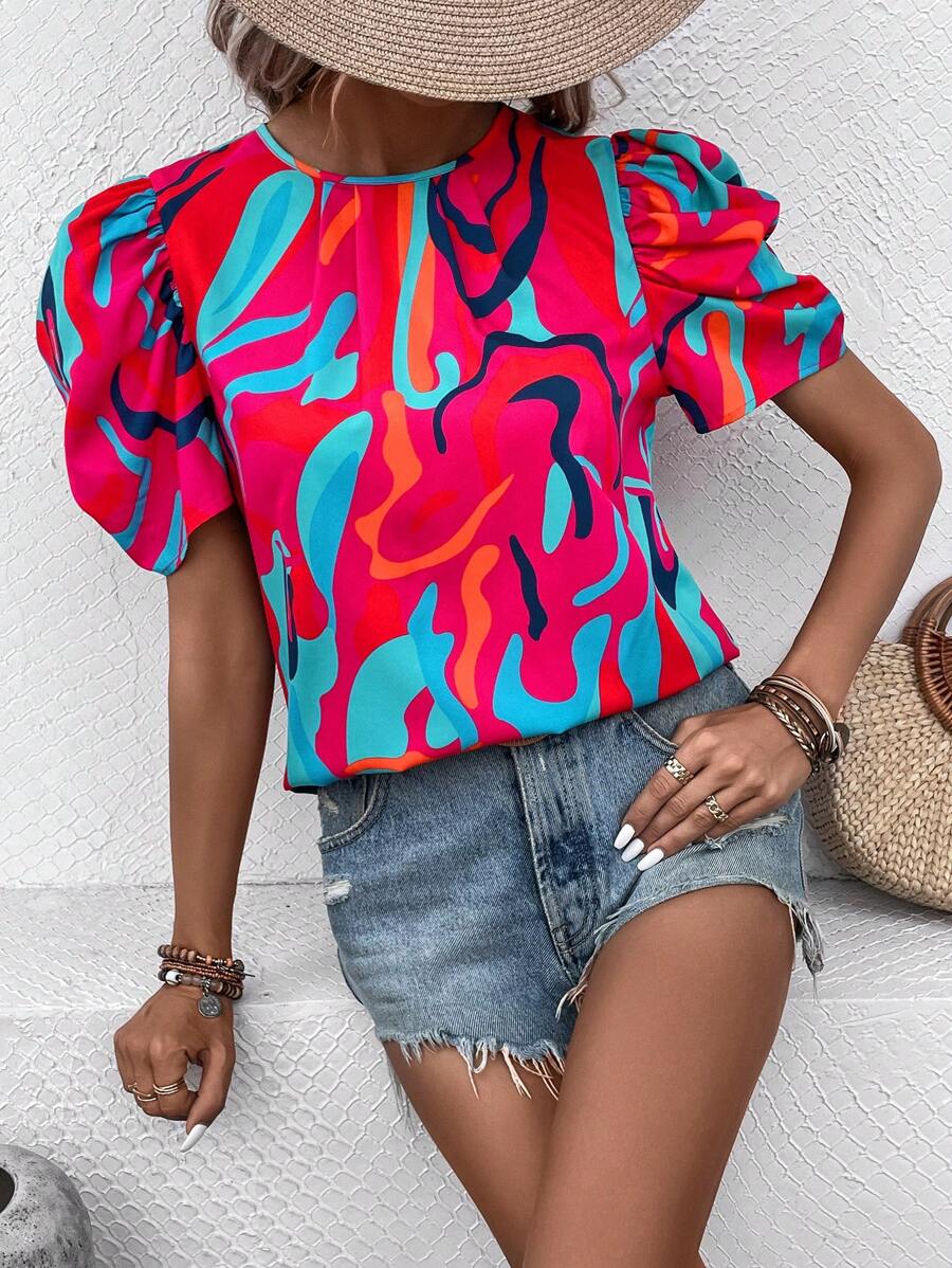 SHEIN Unity Áo sơ mi nữ Nút Tất cả trên in In ngẫu nhiên Giải trí - Nhiều màu - Xem 1