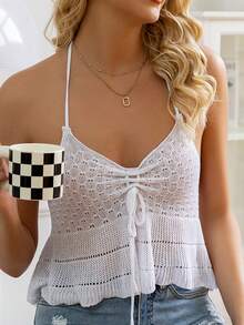 AAmilife Drawstring Front Backless Halter Knit Top - White - View 4