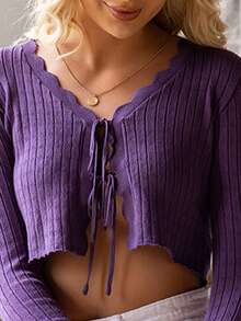 AAmilife Nữ Cardigans Thắt nơ trước Sò điệp Gân đan màu trơn Giải trí - Màu tím - Xem 3