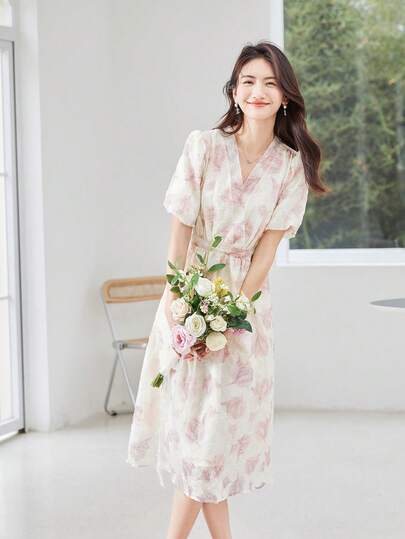 Floral Print Puff Sleeve Belted Dress