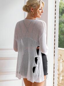 AAmilife 側邊鏤空落肩袖鏤空針織開襟衫 - 白色 - 查看 2