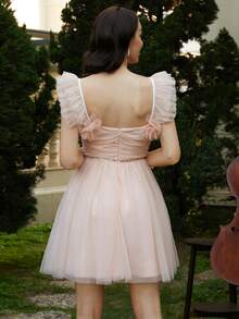 Missord Đầm Tương phản Mesh Xù màu trơn Thanh lịch - Hồng - Xem 2