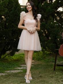 Missord Đầm Tương phản Mesh Xù màu trơn Thanh lịch - Hồng - Xem 3