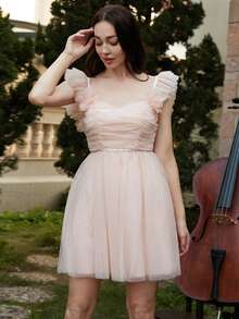 Missord Đầm Tương phản Mesh Xù màu trơn Thanh lịch - Hồng - Xem 4