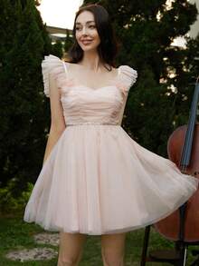 Missord Đầm Tương phản Mesh Xù màu trơn Thanh lịch - Hồng - Xem 6