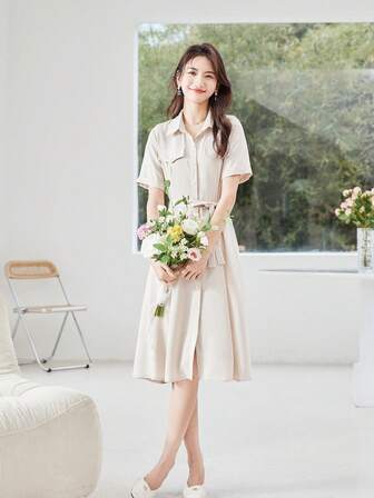 Flap Pocket Belted Shirt Dress