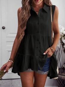 SHEIN Privé Ruffle Hem Sleeveless Shirt - Black - View 4