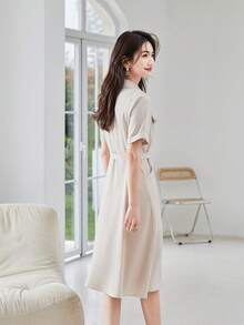 Flap Pocket Belted Shirt Dress - Apricot - View 2