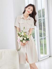 Flap Pocket Belted Shirt Dress - Apricot - View 4