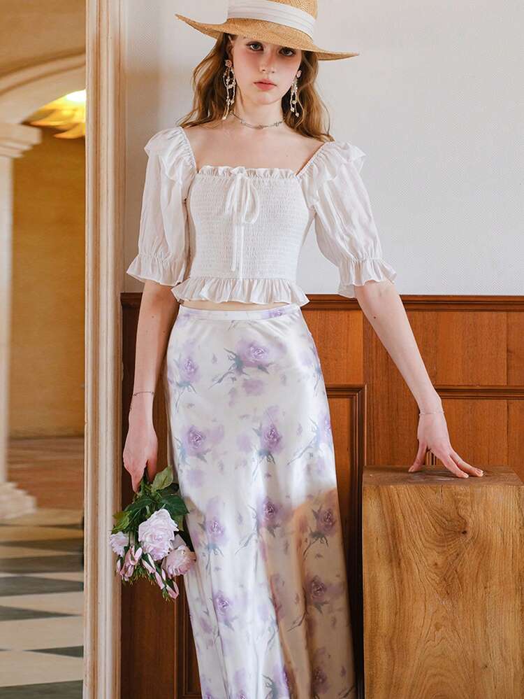 เสื้อเบลาส์ ครอป นัวเนีย ปมด้านหน้า แขนเย็บรอยจีบ - สีขาว - ดู 3