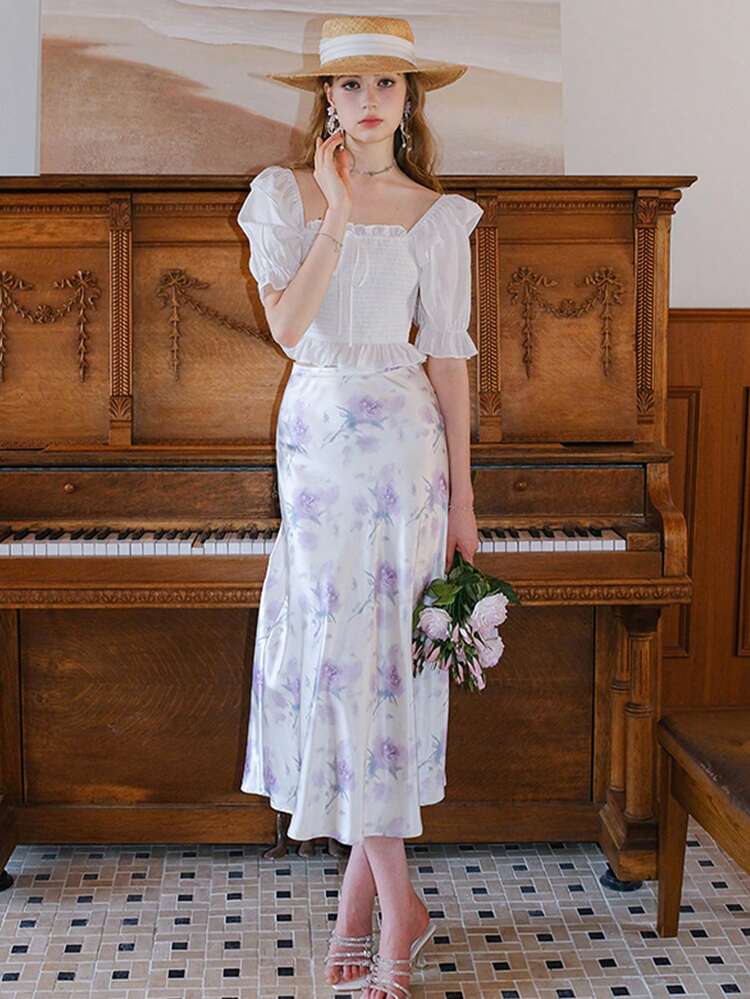 เสื้อเบลาส์ ครอป นัวเนีย ปมด้านหน้า แขนเย็บรอยจีบ - สีขาว - ดู 4