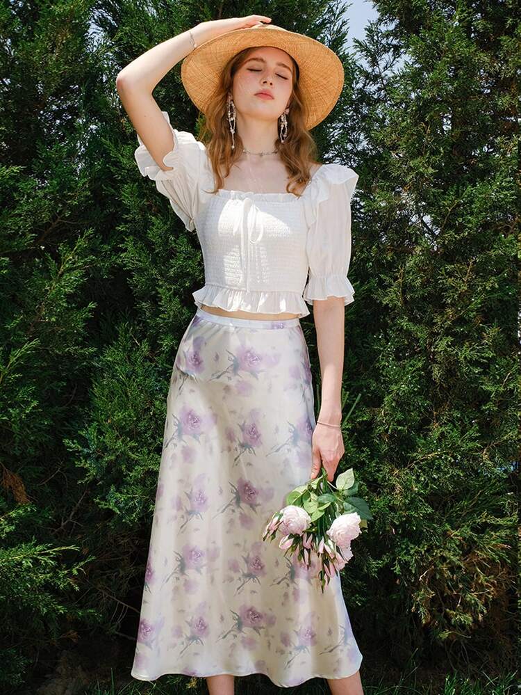 เสื้อเบลาส์ ครอป นัวเนีย ปมด้านหน้า แขนเย็บรอยจีบ - สีขาว - ดู 8