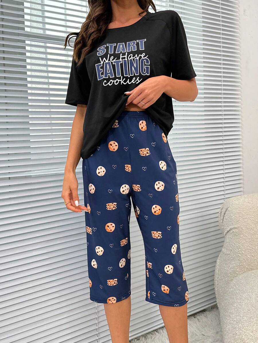 Slogan Graphic Tee & Cartoon Graphic Trousers PJ Set - Multicolor - View 1