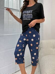 Slogan Graphic Tee & Cartoon Graphic Trousers PJ Set - Multicolor - View 3