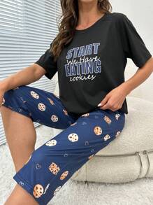 Slogan Graphic Tee & Cartoon Graphic Trousers PJ Set - Multicolor - View 4