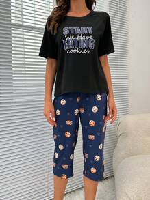 Slogan Graphic Tee & Cartoon Graphic Trousers PJ Set - Multicolor - View 5