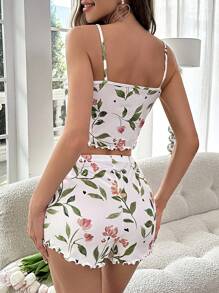 Floral Print Lettuce Trim PJ Set - White - View 2