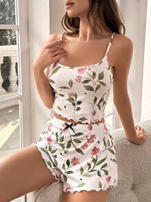 Floral Print Lettuce Trim PJ Set - White - View 4