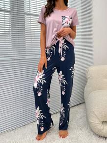 Bộ áo thun & quần PJ có túi in hoa / Bộ đồ ngủ - Nhiều màu - Xem 3