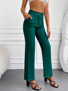 Solid Slant Pocket Suit Trousers - Dark Green - View 3