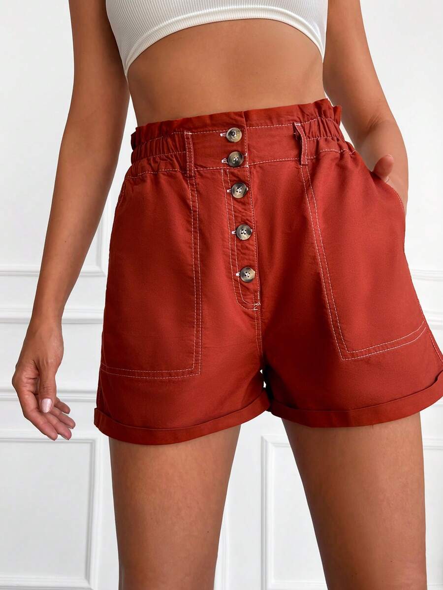 EURMUSE Paperbag Waist Button Fly Roll Up Hem Shorts - Brown - View 1