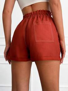EURMUSE Paperbag Waist Button Fly Roll Up Hem Shorts - Brown - View 2