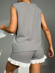 Bow Front Ruffle Hem Lounge Set - Grey - View 2