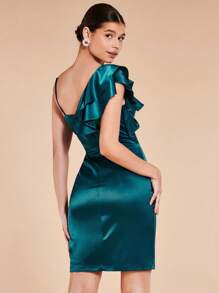 SHEIN Belle Asymmetrical Neck Ruffle Trim Satin Dress - Teal Blue - View 2