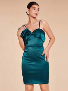 SHEIN Belle Asymmetrical Neck Ruffle Trim Satin Dress - Teal Blue - View 6