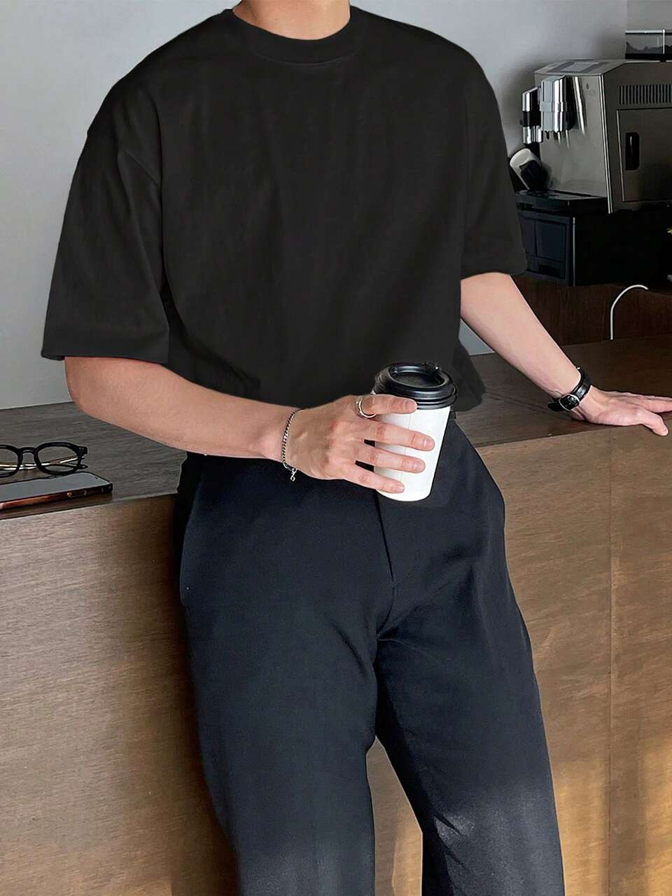 Men Cotton Solid Drop Shoulder Tee