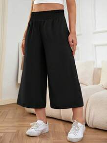 SHEIN LUNE 大碼素色闊腿七分褲 - 黑色 - 查看 3