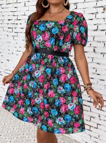 SHEIN Franclia Đầm Plus Size Buộc lại Hoa Tất cả trên in Boho - Nhiều màu - Xem 1