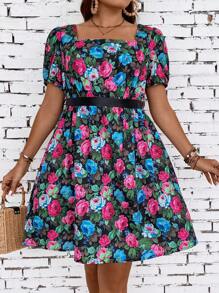 SHEIN Franclia Đầm Plus Size Buộc lại Hoa Tất cả trên in Boho - Nhiều màu - Xem 4