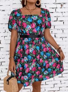 SHEIN Franclia Đầm Plus Size Buộc lại Hoa Tất cả trên in Boho - Nhiều màu - Xem 7