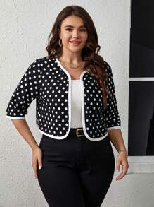 SHEIN Clasi 大碼波點圖案撞色滾邊開門襟夾克 - 黑與白 - 查看 3