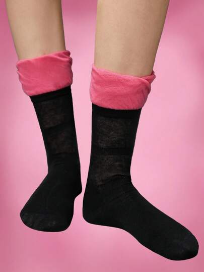 Kawaii 1pair Women Two Tone Minimalist Crew Socks For Daily Life