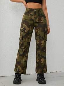 SHEIN EZwear Quần jean nữ Nút Túi Dây kéo Ngụy trang - Nhiều màu - Xem 3