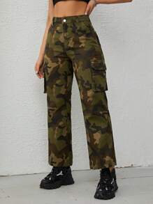 SHEIN EZwear Quần jean nữ Nút Túi Dây kéo Ngụy trang - Nhiều màu - Xem 4