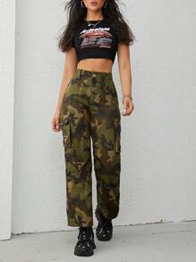 SHEIN EZwear Quần jean nữ Nút Túi Dây kéo Ngụy trang - Nhiều màu - Xem 5