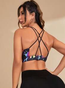潑墨圖案交叉露背運動型文胸 - 黑色 - 查看 1