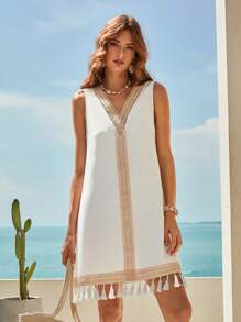 SHEIN Unity 拼接水溶蕾絲流蘇邊背心洋裝 - 白色 - 查看 7